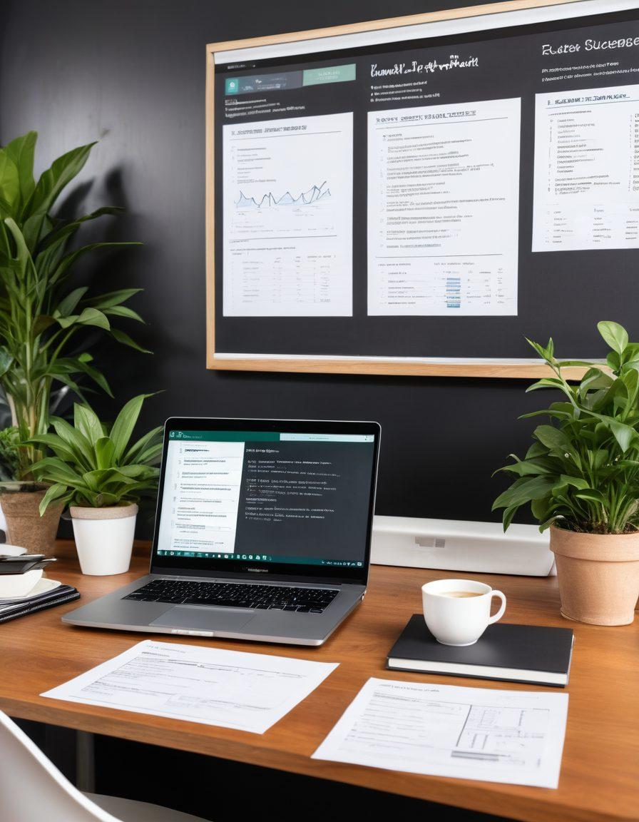 An elegant, well-organized workspace featuring a laptop displaying a rental property listing, a cup of coffee, and lease agreement documents neatly arranged. In the background, a chalkboard with strategy diagrams and rental success tips. Soft lighting for a welcoming feel, with plants adding a touch of greenery. super-realistic. vibrant colors. cozy atmosphere.