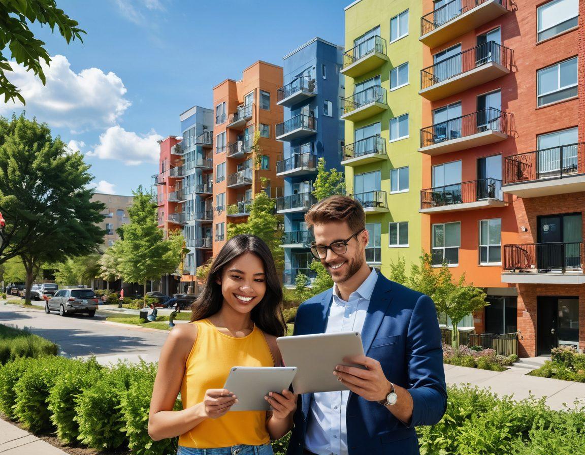 A scenic city skyline with various modern condos and flats, showcasing diverse architectural styles. A friendly couple examines a rental listing on a tablet, surrounded by vibrant greenery and lively street scenes. Elements like 'For Rent' signs and cheerful neighbors emphasize community living. Bright, inviting colors to engage viewers. super-realistic. vibrant colors. bright background.