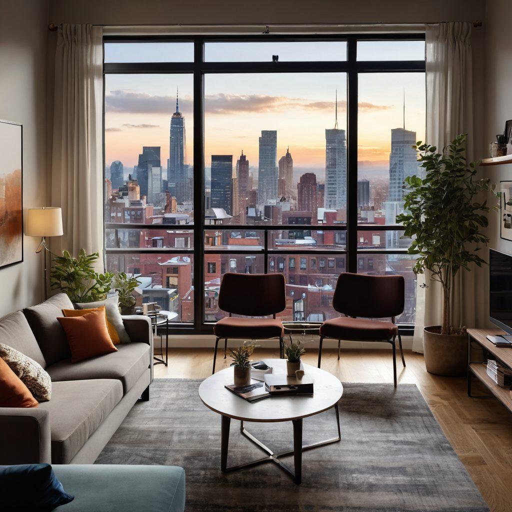 A cozy urban apartment interior showcasing stylish furniture and decor, with a large window revealing a bustling city skyline. Include a consultant guiding a couple with a laptop and housing brochures spread across the coffee table. The ambiance should be warm and inviting, symbolizing comfort and home. super-realistic. vibrant colors. natural lighting.